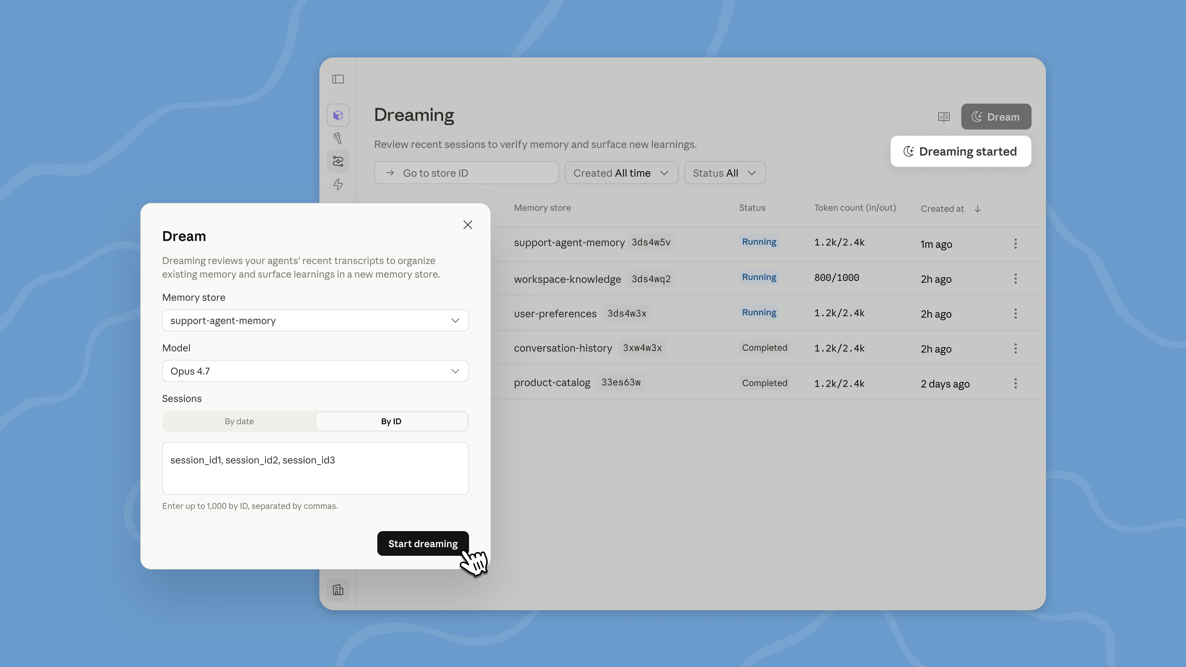 Скриншот UI dreaming в Claude Managed Agents